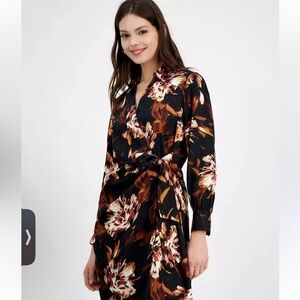 NWT Satin Bar III Black and Brown Floral Long Sleeve Faux Wrap Dress XS